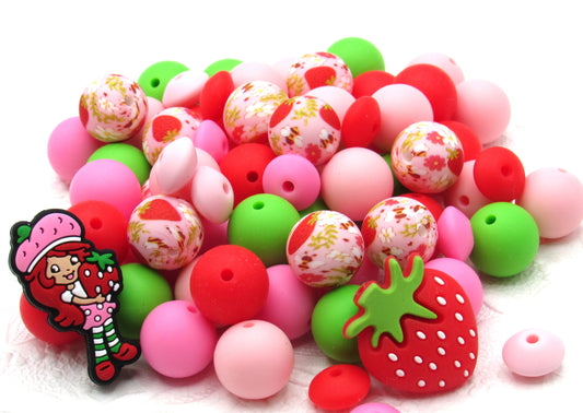 15mm Red on Pink Strawberry Printed Silicone Beads - Food Grade Printed & Jewelry Beads for Keychains