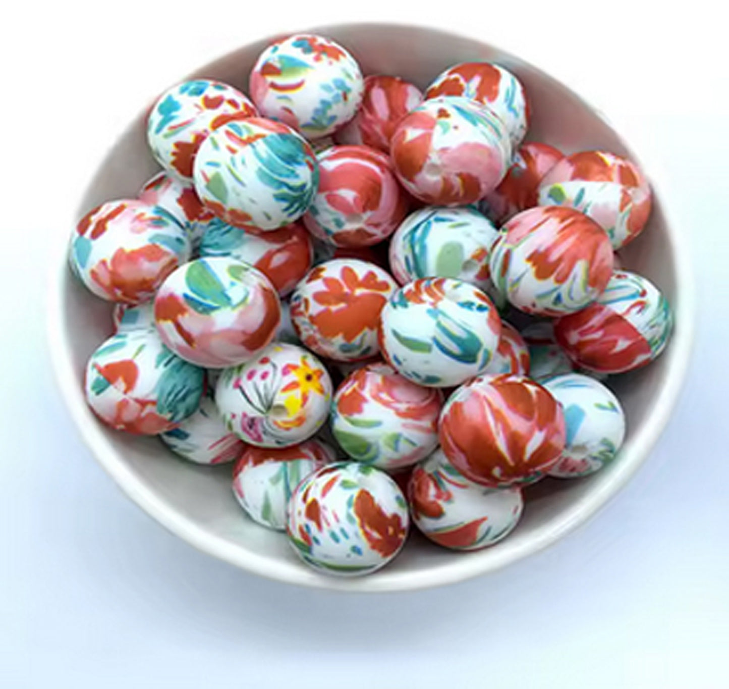 15mm Clay, Teal, Yellow Tye Dye Abstract Design Silicone Beads - Food Grade Printed Beads