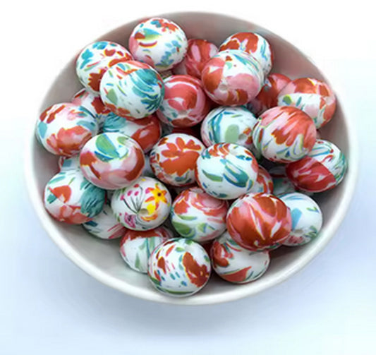 15mm Terracotta and Teal, Printed Tye Dye,  Abstract  15mm Silicone Beads