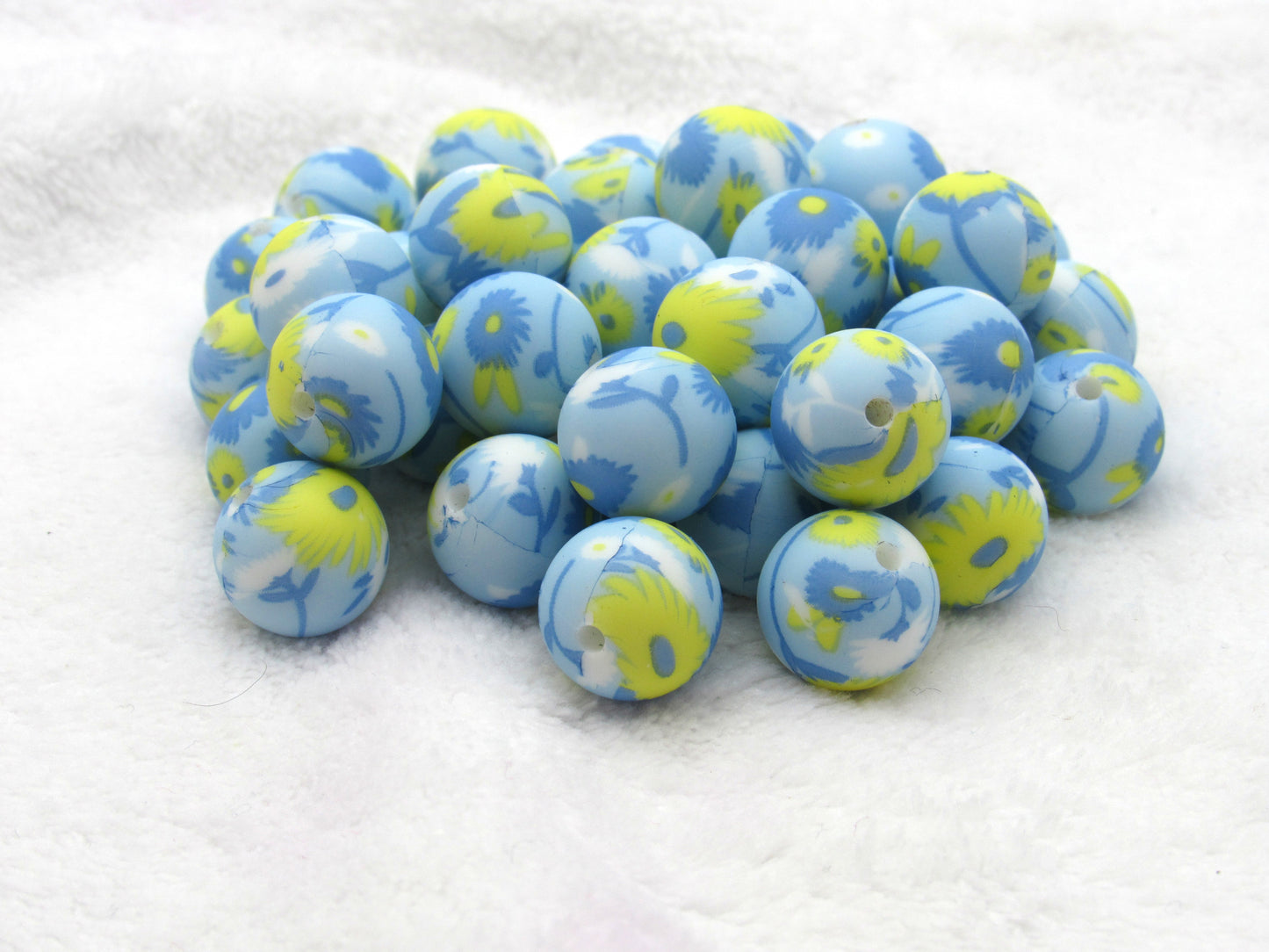 15mm Blue and Yellow Blossoms Print Silicone Beads - Food Grade Printed Beads for Keychain