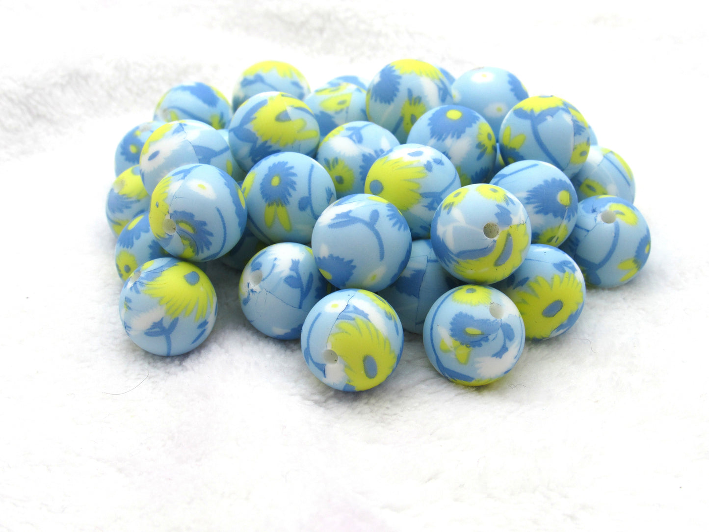 15mm Blue and Yellow Blossoms Print Silicone Beads - Food Grade Printed Beads for Keychain