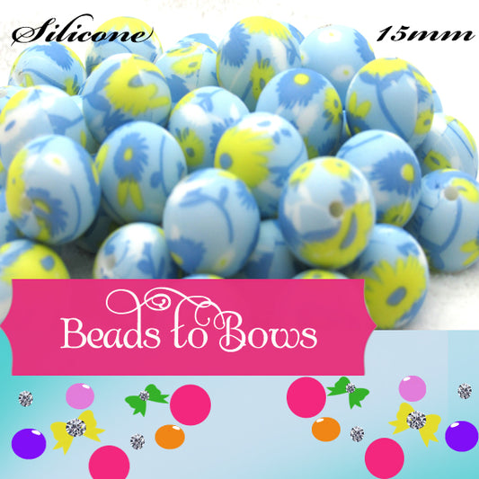 15mm Blue and Yellow Blossoms Print Silicone Beads - Food Grade Printed Beads for Keychain