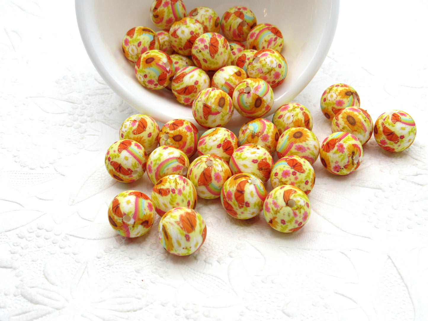 15mm Yellow with Tiny Floral Blossoms Print Silicone Beads - Food Grade Printed Beads