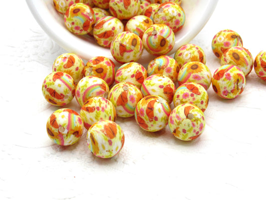 15mm Yellow with Tiny Floral Blossoms Print Silicone Beads - Food Grade Printed Beads