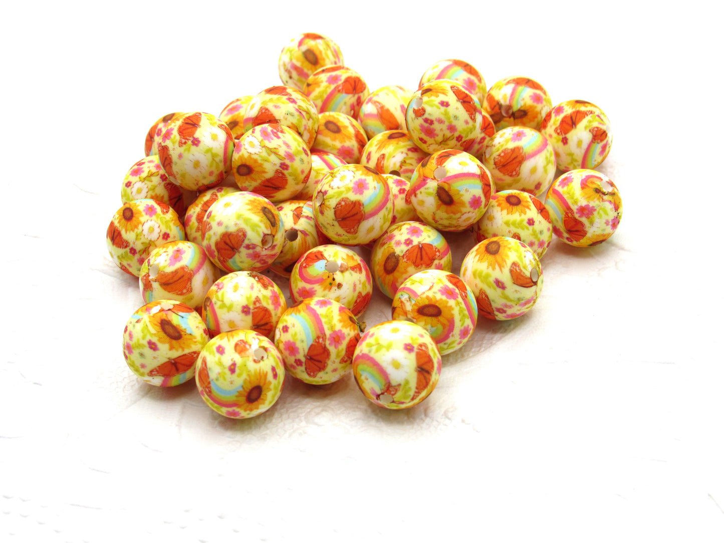 15mm Yellow with Tiny Floral Blossoms Print Silicone Beads - Food Grade Printed Beads