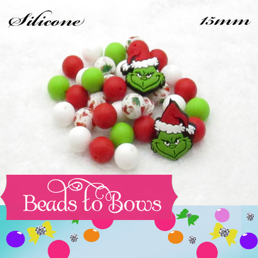 15mm Silicone Grinch Bead Mix, 25 or 50 Printed Beads with Coordinating 15mm Beads.