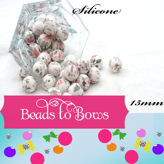15mm Pink and Grey Rose Blossoms Print Silicone Beads - Food Grade Printed Beads for Keychain s & Jewelry
