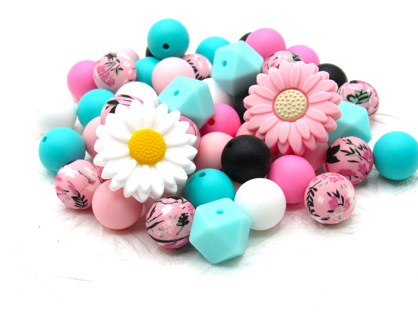 15mm Black and White Print on Pink Silicone Beads - Food Grade Printed Beads for Keychains  & Jewelry