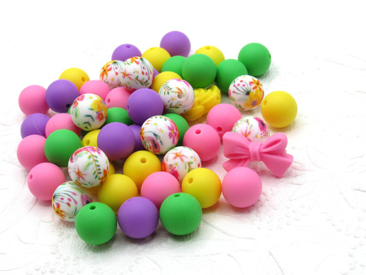 Silicone bead mix, floral beads and coordinating colored bead