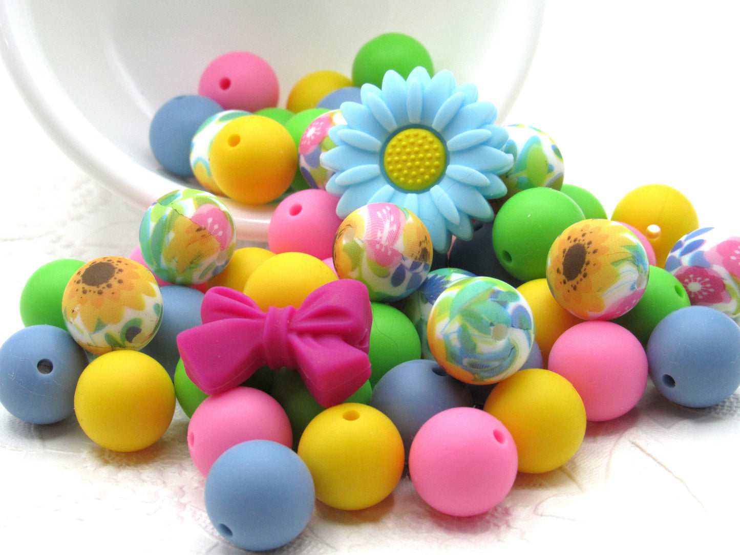 Silicone bead mix, 15mm beads floral print plus 4 coordinating colors