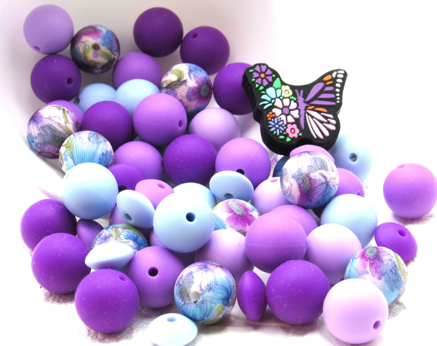 Silicone bead mix, 15mm butterfly bead mix in shades of purple and blue