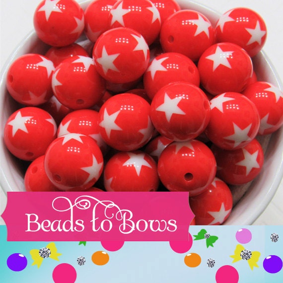 20mm Red Star Beads, 10pcs Gumball Beads with Stars, 20mm Bubblegum Beads, Acrylic Bead, Chunky Necklace Bead, Beads with Stars, Star Beads