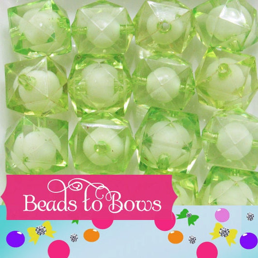 Light Green 20mm Faceted Beads, Bead In A Bead Bubblegum Bead, Chunky Faceted Transparent Beads, Chunky Bead Bubblegum Bead