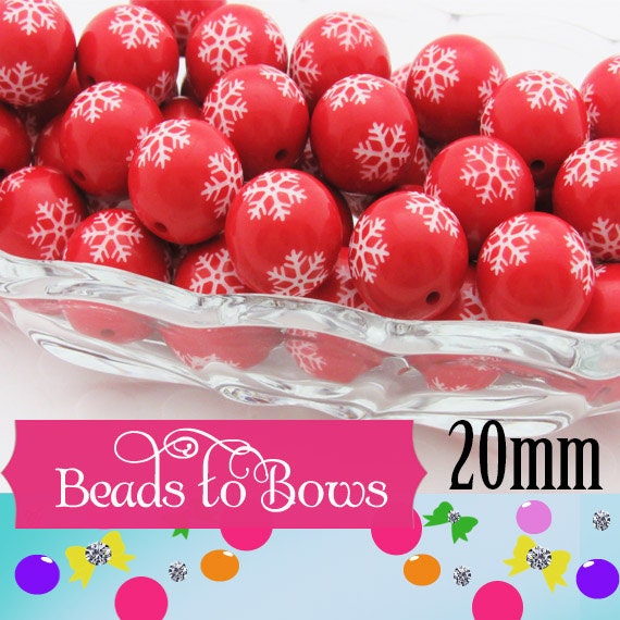 20mm Red Snowflake Bubblegum Beads, Chunky Beads, Snowflake Print Beads, Chunky Necklace Supply Bead, Acrylic Bubblegum Bead,