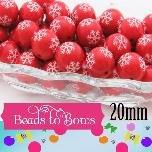 20mm Red Snowflake Bubblegum Beads, Chunky Beads, Snowflake Print Beads, Chunky Necklace Supply Bead, Acrylic Bubblegum Bead,