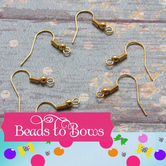 10 Pair Gold Earring Hooks, Earring Wires, Bead and Coil fish hook earring wires, Findings, Jewelry Supplies, Earring Wires