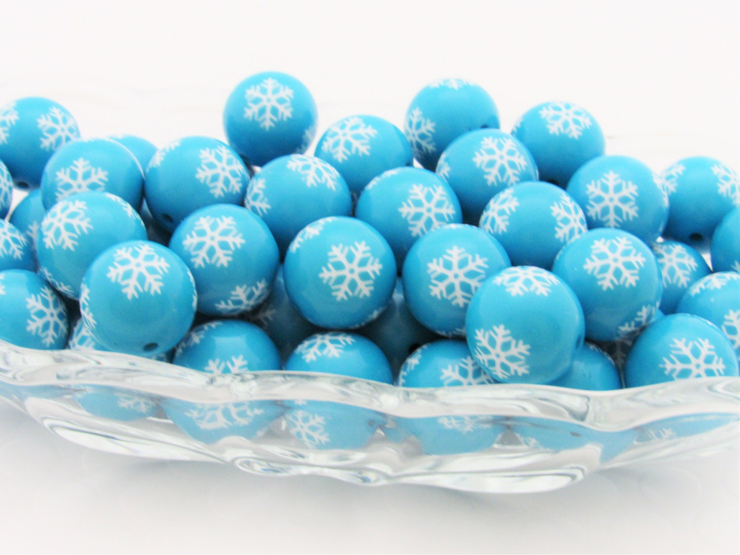20mm Turquoise Snowflake Bubblegum Beads, Chunky Beads, Snowflake Print Beads, Chunky Necklace Supply Bead, Acrylic Bubblegum Bead,