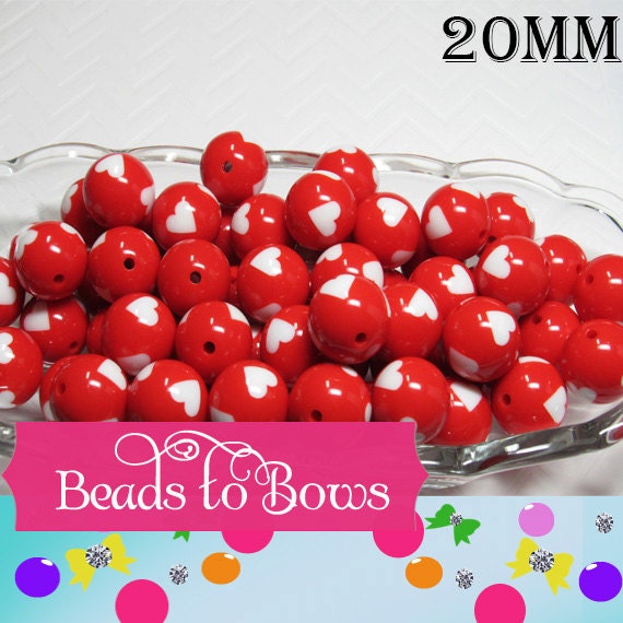 10Ct. 3.49 Red Heart 20mm Beads, Bubblegum Beads, Gumball Beads, Heart Printed Beads, Acrylic Beads, Chunky Necklace Supply, Bubblegum Beads