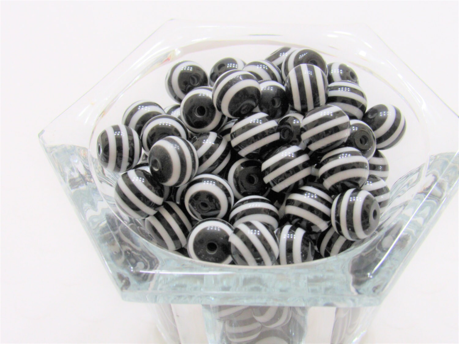 50 Black 12mm Striped Bubblegum Beads, Bubblegum striped Necklace Bead, Resin Beads