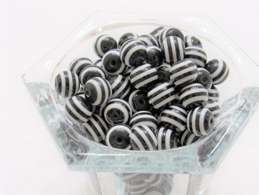 50 Black 12mm Striped Bubblegum Beads, Bubblegum striped Necklace Bead, Resin Beads