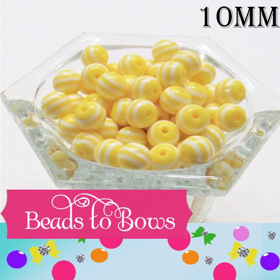 10mm Yellow Striped Bubblegum Beads, Chunky Beads, Gumball Beads, Chunky Necklace Bead Supply,  Jewelry Beads, You Choose from 16 colors