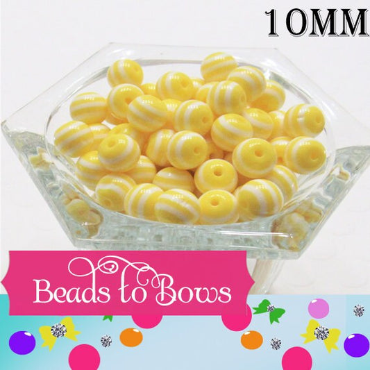 10mm Yellow Striped Bubblegum Beads, Chunky Beads, Gumball Beads, Chunky Necklace Bead Supply,  Jewelry Beads, You Choose from 16 colors