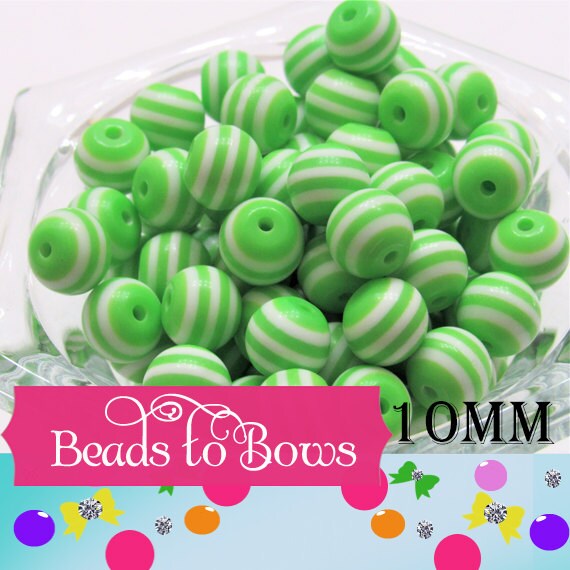 50ct. 10mm Green Striped Bubblegum Beads, Chunky Beads, Gumball Bead, Chunky Necklace Bead Supply,  Jewelry Beads, You Choose from 16 colors
