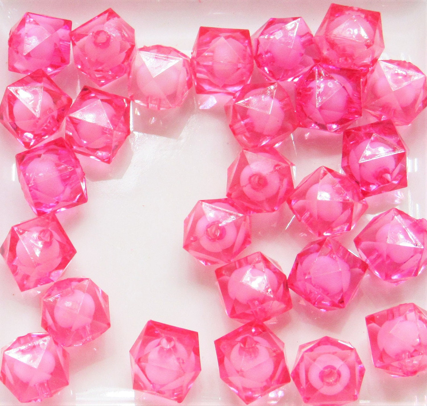 Hot Pink 12mm Cubed Bead in a Bead, Bubblegum Bead, Chunky Bead, Faceted Bead in a Bead, Transparent Ice Cube, Kawaii Bead Supply