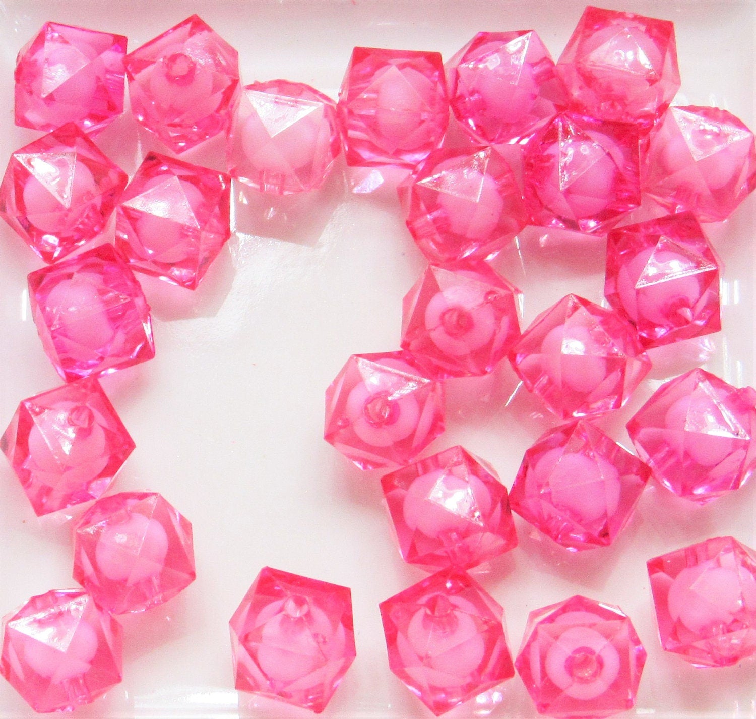 Hot Pink 12mm Cubed Bead in a Bead, Bubblegum Bead, Chunky Bead, Faceted Bead in a Bead, Transparent Ice Cube, Kawaii Bead Supply