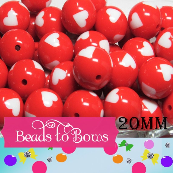 10Ct. 3.49 Red Heart 20mm Beads, Bubblegum Beads, Gumball Beads, Heart Printed Beads, Acrylic Beads, Chunky Necklace Supply, Bubblegum Beads