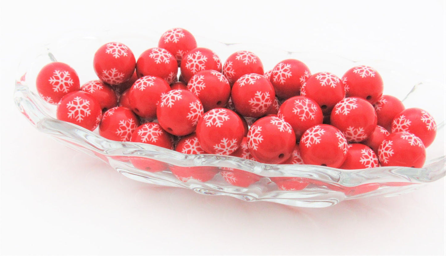20mm Red Snowflake Bubblegum Beads, Chunky Beads, Snowflake Print Beads, Chunky Necklace Supply Bead, Acrylic Bubblegum Bead,