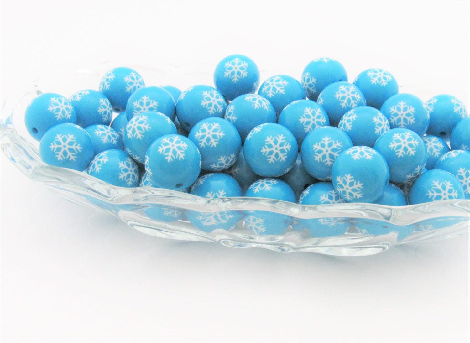 20mm Turquoise Snowflake Bubblegum Beads, Chunky Beads, Snowflake Print Beads, Chunky Necklace Supply Bead, Acrylic Bubblegum Bead,