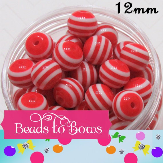 12mm Red Striped Bubblegum Bead, Chunky 12mm Striped Beads, Chunky Bead Supply, Striped Beads, Gumball Beads, Striped Gumball Beads