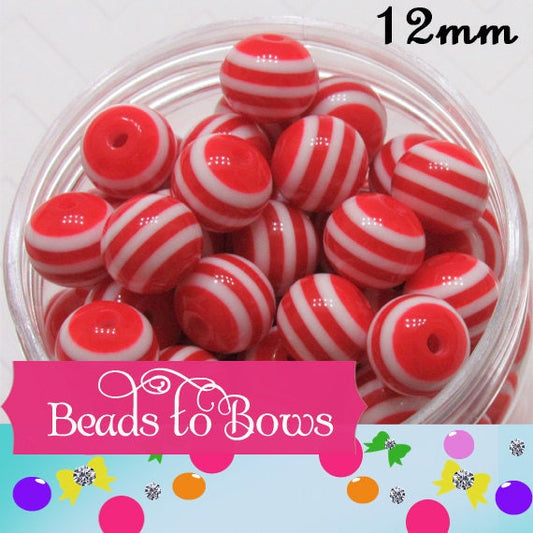 12mm Red Striped Bubblegum Bead, Chunky 12mm Striped Beads, Chunky Bead Supply, Striped Beads, Gumball Beads, Striped Gumball Beads