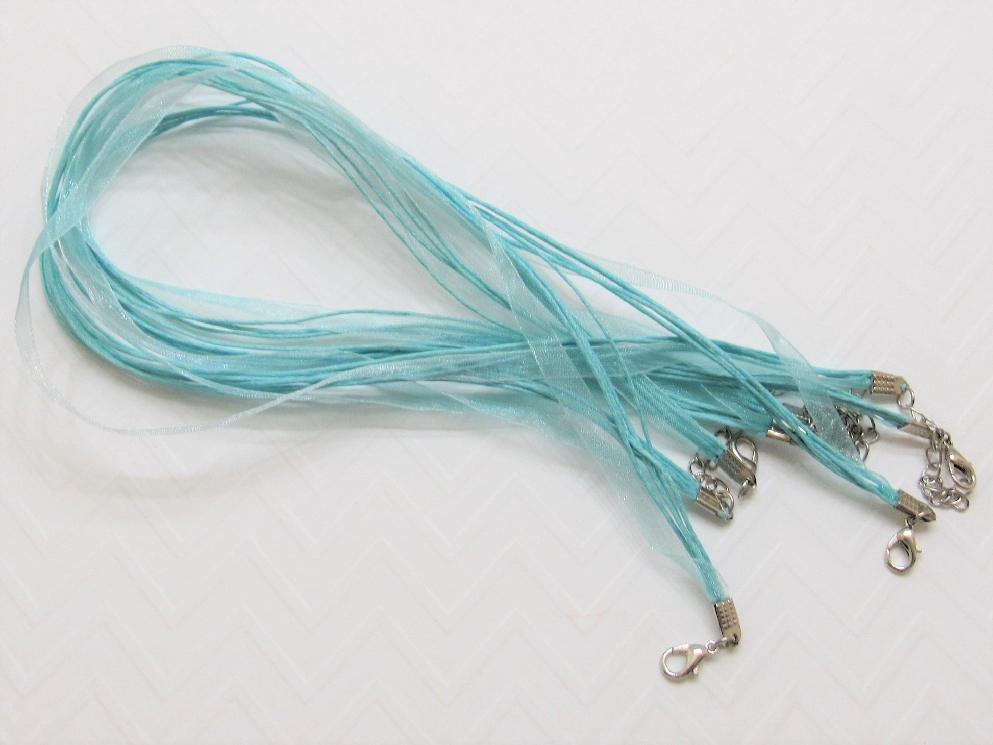 5 Ct. 1.99 Light Blue 17 inch, Organza Ribbon and Cord Necklaces, Bottlecap Supply, Pendant Necklace, Jewelry Supply,