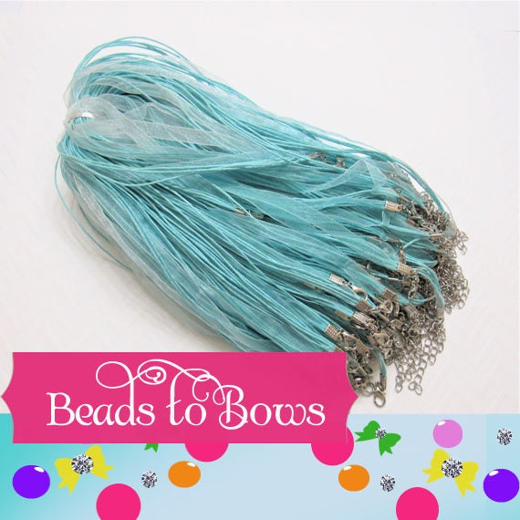 5 Ct. 1.99 Light Blue 17 inch, Organza Ribbon and Cord Necklaces, Bottlecap Supply, Pendant Necklace, Jewelry Supply,