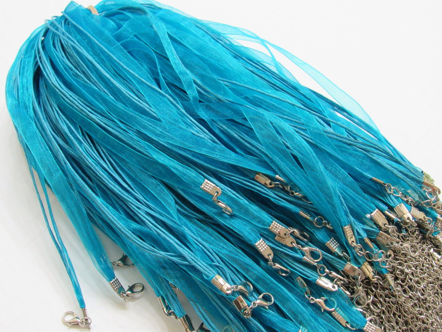 5Ct 1.99 Turquoise Organza Ribbon and Cord Necklaces, Bottlecap Supply, Pendant Necklace, Jewelry Supply, Organza Necklace