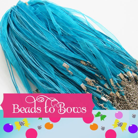 5Ct 1.99 Turquoise Organza Ribbon and Cord Necklaces, Bottlecap Supply, Pendant Necklace, Jewelry Supply, Organza Necklace