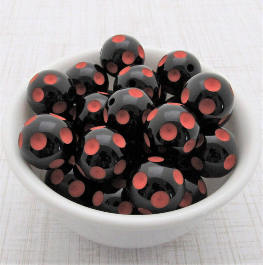 20mm Black With Orange Polka Dot Beads, Bubblegum Beads, Polka Dot Beads,  Chunky Acrylic Dotted Beads, Chunk Necklace Supply Bead