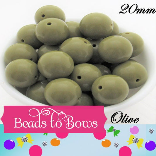 NEW 20mm Olive Green Beads, Chunky Necklace Supply Bead, Round Olive Green Acrylic Beads, Olive Green Bubblegum Beads, Chunky Camo Beads
