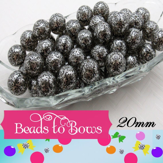 20mm Printed Damask Pearls, Black On White Bubblegum Pearls, Chunky Gumball Beads, Bubblegum Bead Supply, Chunky Printed Pearl Beads