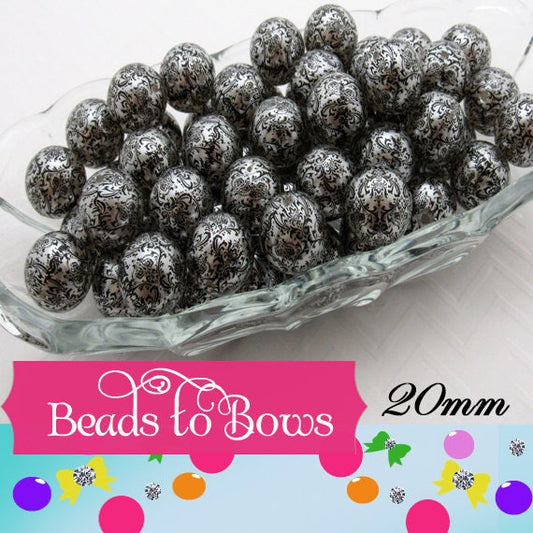 20mm Printed Damask Pearls, Black On White Bubblegum Pearls, Chunky Gumball Beads, Bubblegum Bead Supply, Chunky Printed Pearl Beads