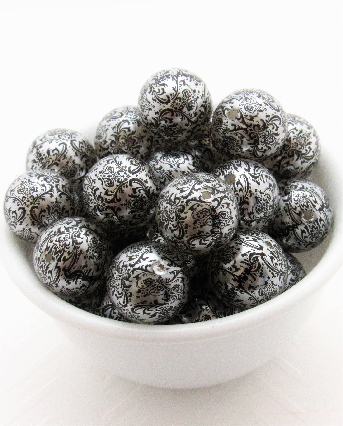 20mm Printed Damask Pearls, Black On White Bubblegum Pearls, Chunky Gumball Beads, Bubblegum Bead Supply, Chunky Printed Pearl Beads