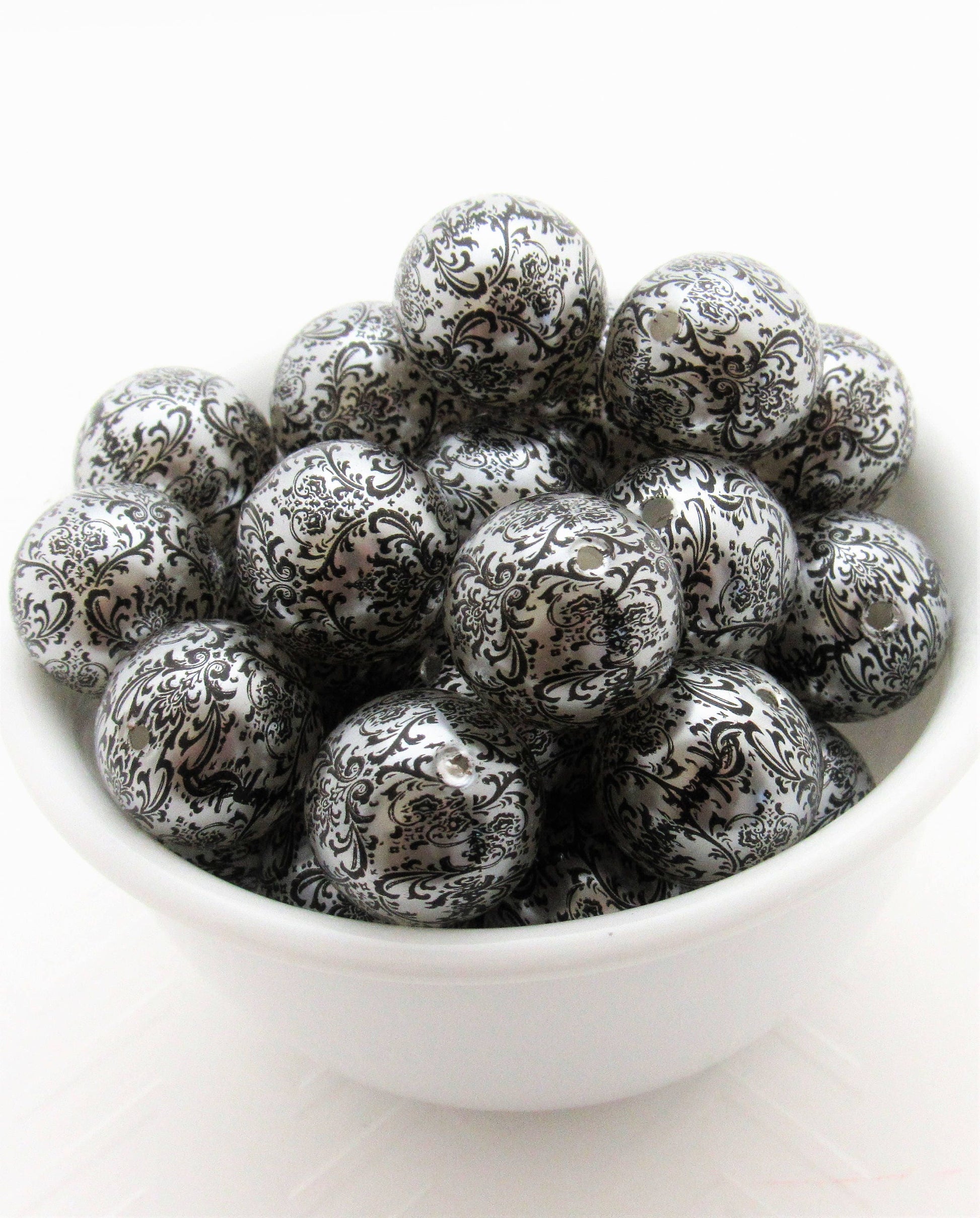 20mm Printed Damask Pearls, Black On White Bubblegum Pearls, Chunky Gumball Beads, Bubblegum Bead Supply, Chunky Printed Pearl Beads