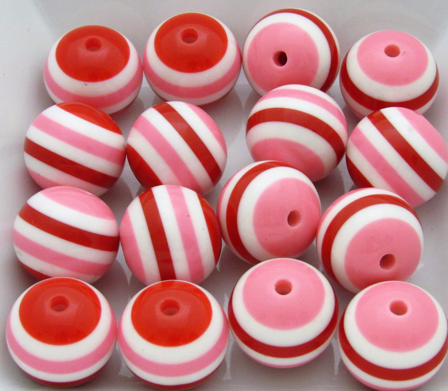 20mm Red and Pink Bubblegum Beads, Chunky Striped Beads, Valentine Chunky Necklace Supply Bead, Pink Red White Striped Beads