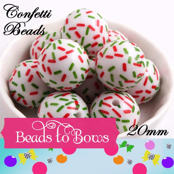 20mm Red And Green On WhiteConfetti Bubblegum Beads, Christmas Confetti Bubblegum Beads, Printed Bubblegum Beads, Chunky Bubblegum Beads