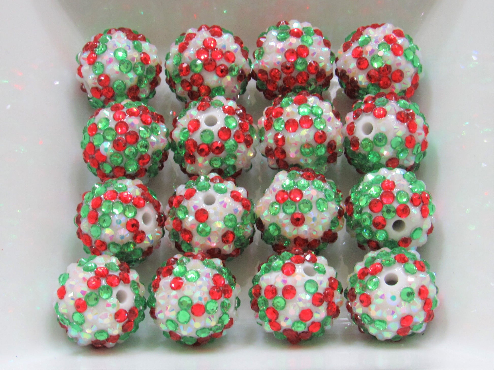 20mm Red Green on White Rhinestone Beads, Christmas Confetti Bubblegum Rhinestone Beads, Chunky Rhinestone Beads, Chunky Bead Supply