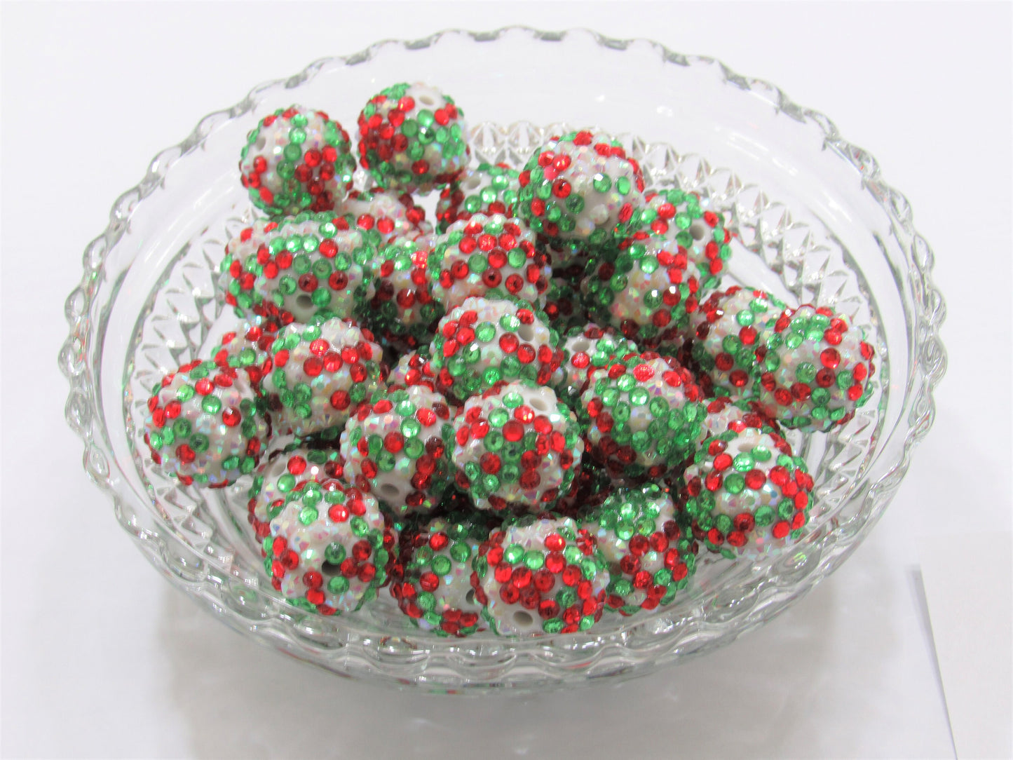 20mm Red Green on White Rhinestone Beads, Christmas Confetti Bubblegum Rhinestone Beads, Chunky Rhinestone Beads, Chunky Bead Supply