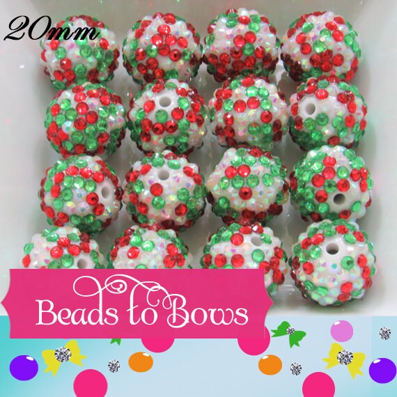 20mm Red Green on White Rhinestone Beads, Christmas Confetti Bubblegum Rhinestone Beads, Chunky Rhinestone Beads, Chunky Bead Supply