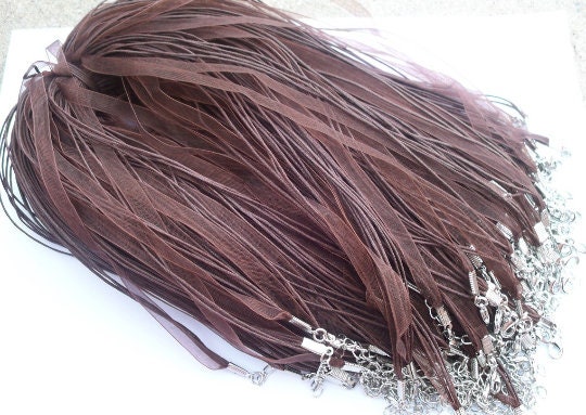 SALE 5 CT. 1.99 Brown 17 in. Organza Ribbon and Cord Necklaces, Bottlecap Supply, Pendant Necklace, Jewelry Supply, Organza Necklace